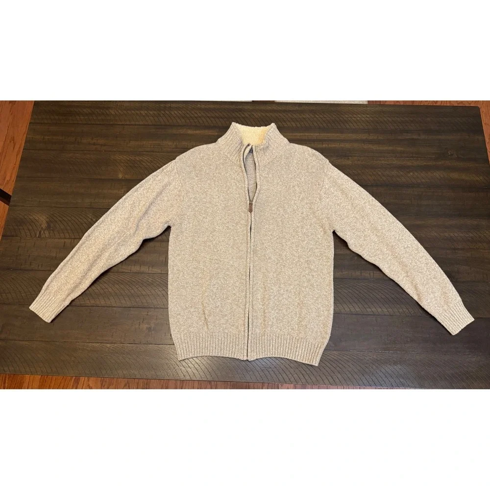Oscar de la Renta Mens Beige‎ Sherpa Lined Full Zip Cardigan Sweater Large